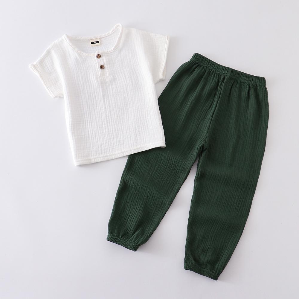 Kids' Summer Cotton Linen Two-Piece Set - Short Sleeve Top & Joggers