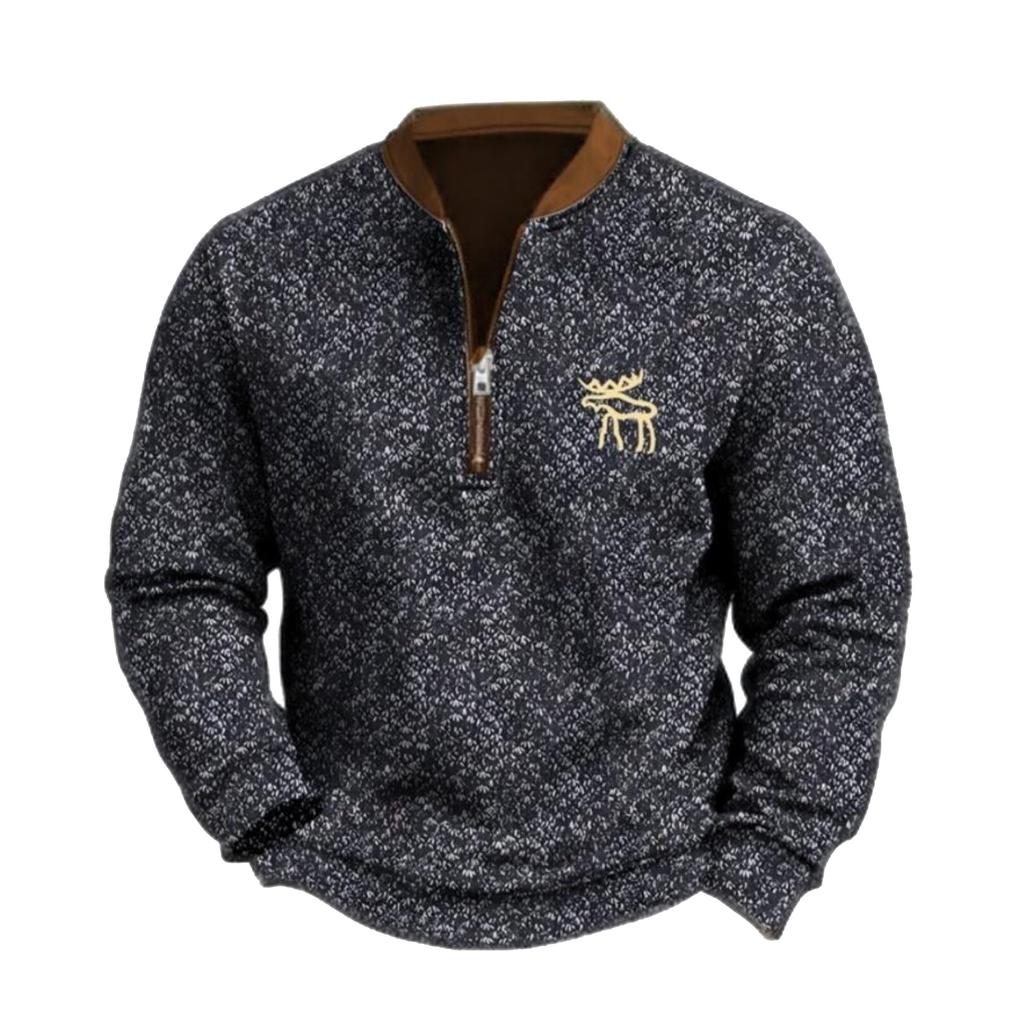 Men's Casual, Trendy, Retro American- Printed Round-neck Long-sleeved Half-pull Hoodie