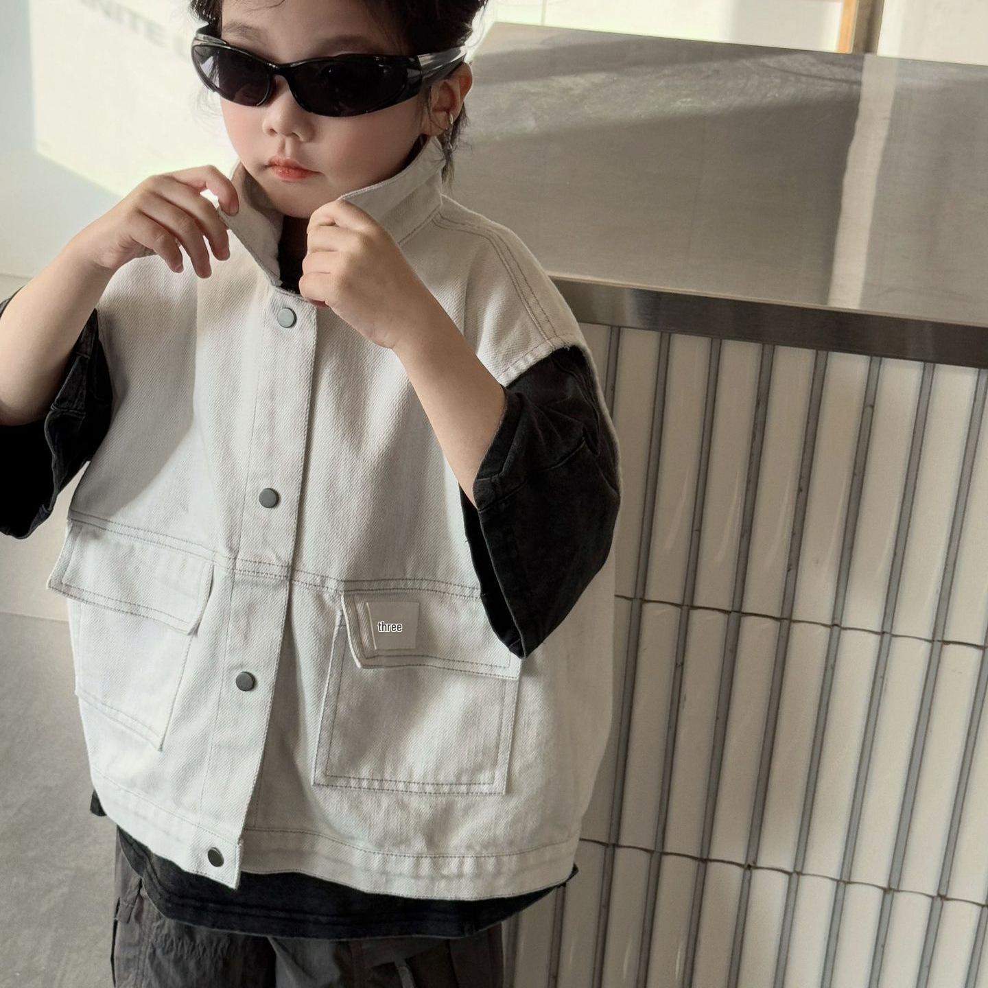 

2025 Trendy Korean-Style Kids’ Workwear Vest with Lapel Pockets 120 cm грязно-белый