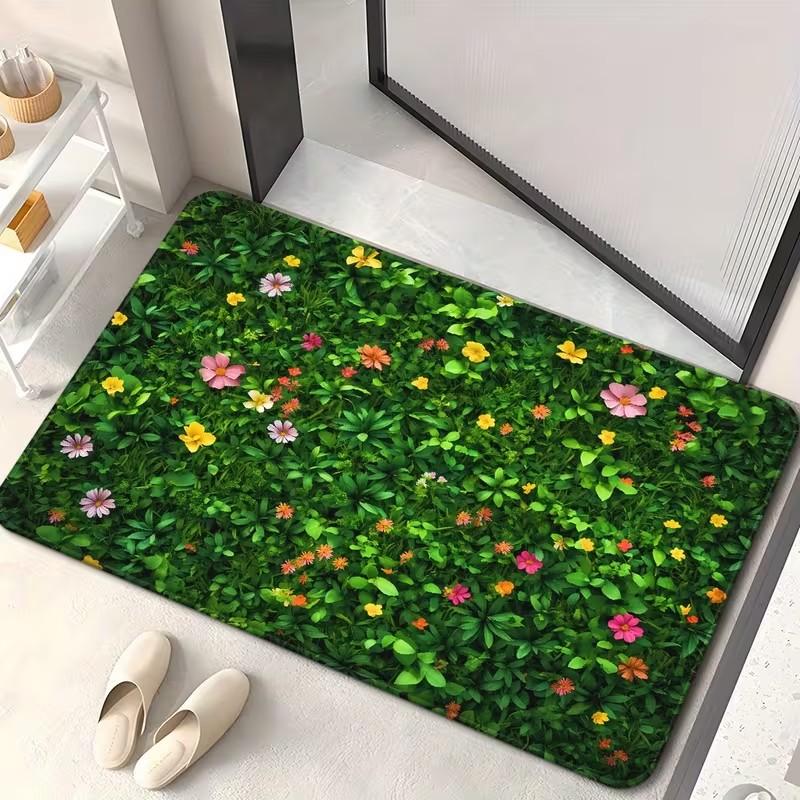 Green Base with Multicolor Flower Pattern Welcome Doormat Non Slip Entryway Rug Front Door Mat for Home Decoration Fresh Style