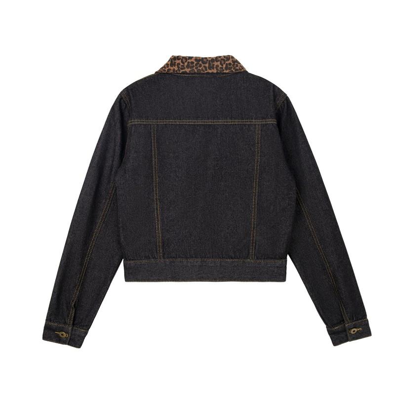 Womens Short Denim Jacket With Leopard Collar Rivet Pockets Streetwear Chic Oversized Fit