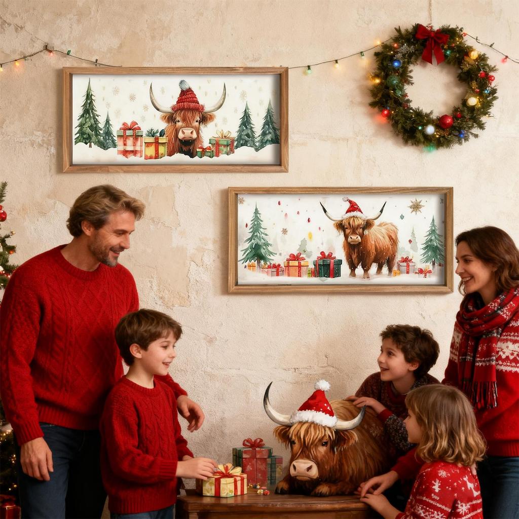 2PCS Christmas Highland Cow Picture Farmhouse Wall Decoration Rustic Wood Print Cow Art Wall Decor Christmas Decoration