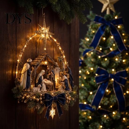 Christmas Star Gift for Family Lighted Nativity Door Swag, Bethlehem of Faith Wall Decor, Light-up Holy Hanging Decoration with Lights Front