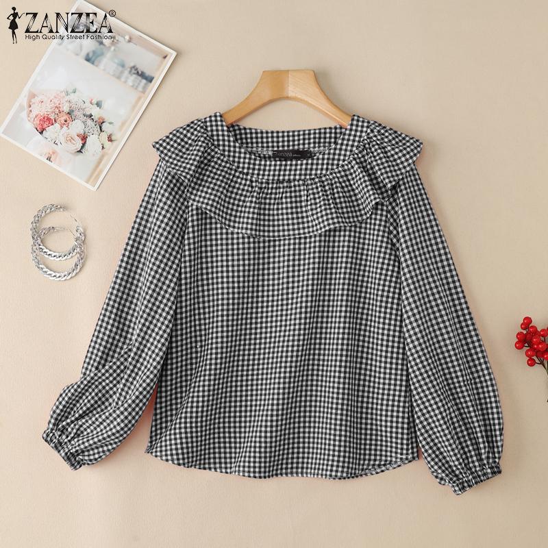 ZANZEA Blusa Casual para Mujer con Volantes, Cuello Redondo, Manga Larga Holgada, Estampado de Cuadros