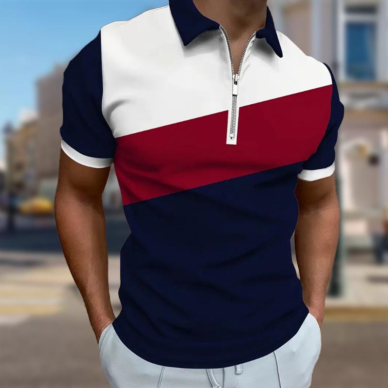 Men's Shirt Polo Casual Zip Short Sleeve Fashion Casual Zipper Summer Spring Regular Fit Color Blocking Splicing 3D Print Shirt