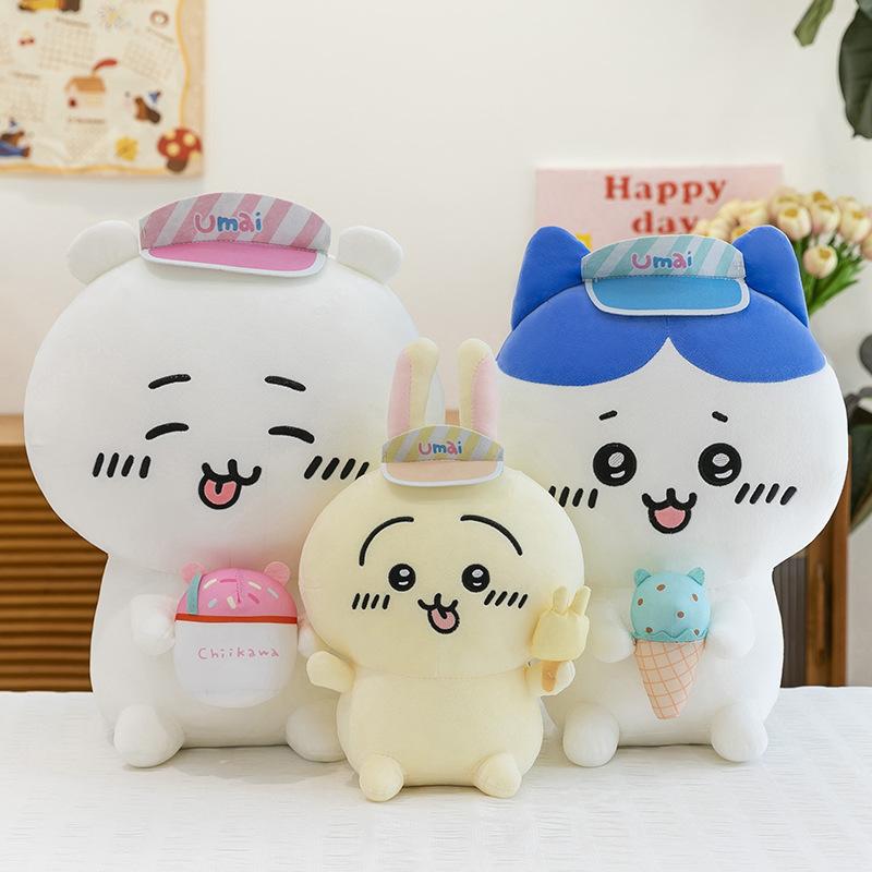 Chiikawa Ice Cream Plush Doll with Sun Visor Cute Usagi Hachiware Soft Stuffed Toy Kawaii Anime Plushie for Kids Birthday Gifts
