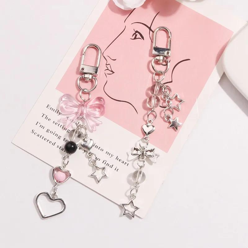 Phone Charm Pink Silve Bow Heart Star Keychain Pendant Key Chain Bag Phone Chain Cute Accessory for Girls Women Jewelry