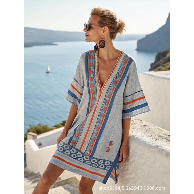 2026 women's V-neck dress seaside vacation 3D printing loose skirt beach