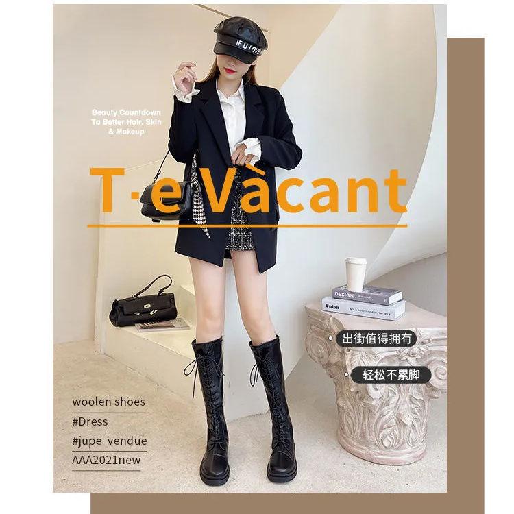 Knight Boots Long Boots Women's 22 Autumn and Winter New Versatile Elastic Thin Boots Lace-up High Boots Flat Bottom But Knee Boots