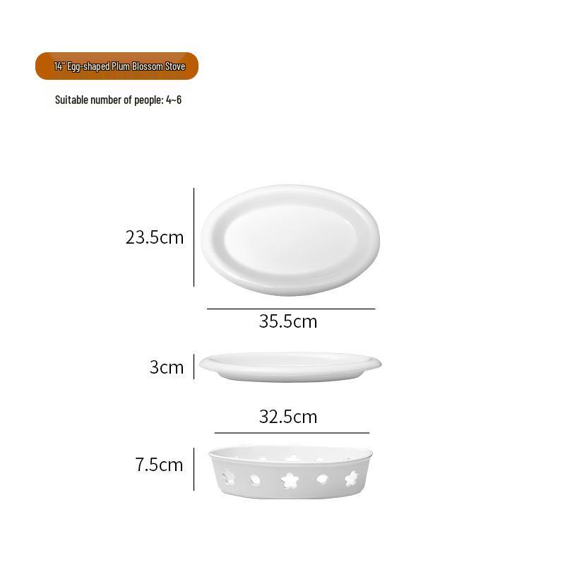 Ceramic Egg-Shaped Plum Blossom Grilled Fish and Warming Plate with White Round Heating Dry Pot Stove.
