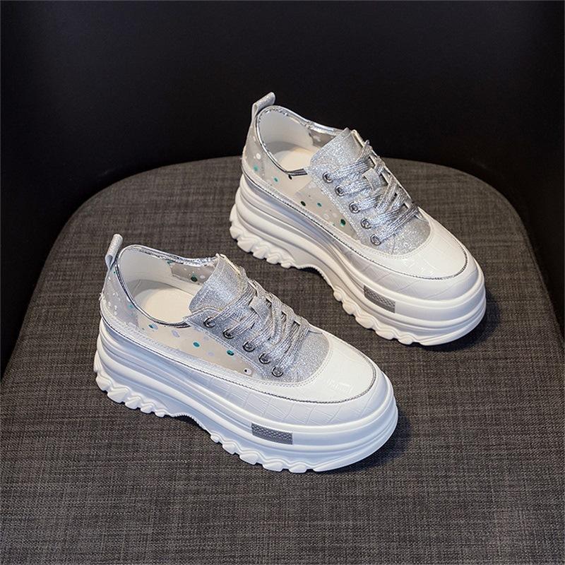 Summer little white shoes women's 2025 new thick-soled muffin inner height increase and thinness hollow mesh casual shoes breathable women's shoes