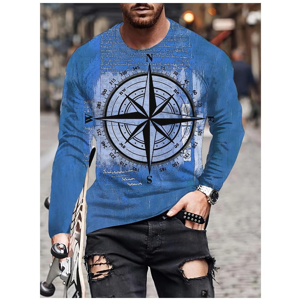 Camiseta de Manga Larga con Estampado 3D de Ancla y Brújula, Top de Primavera y Otoño para Hombre, Retro Street, Oversized, Cuello Redondo