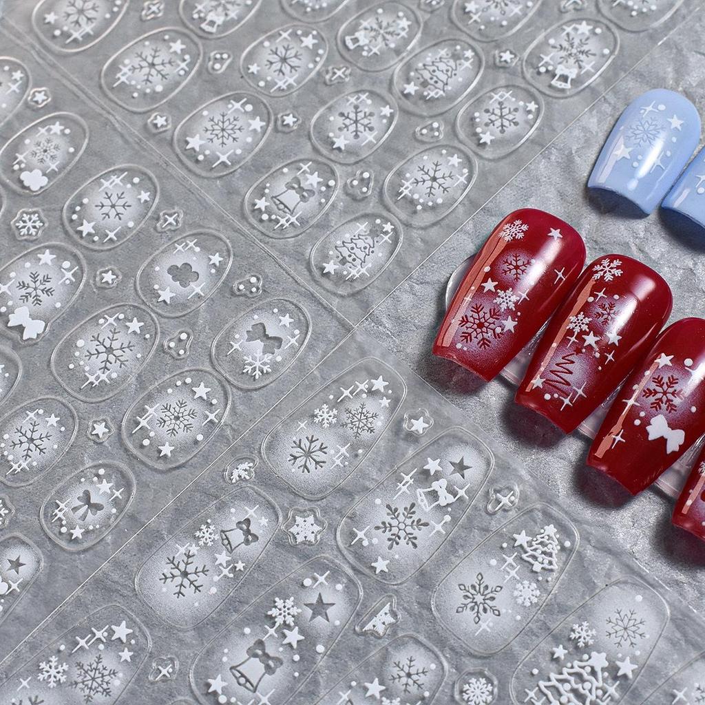 Christmas 3D Nail Stickers: Embossed Snowflake, Starry Sky, Five-Pointed Star, Tree, Bells, Self-Adhesive Decals.