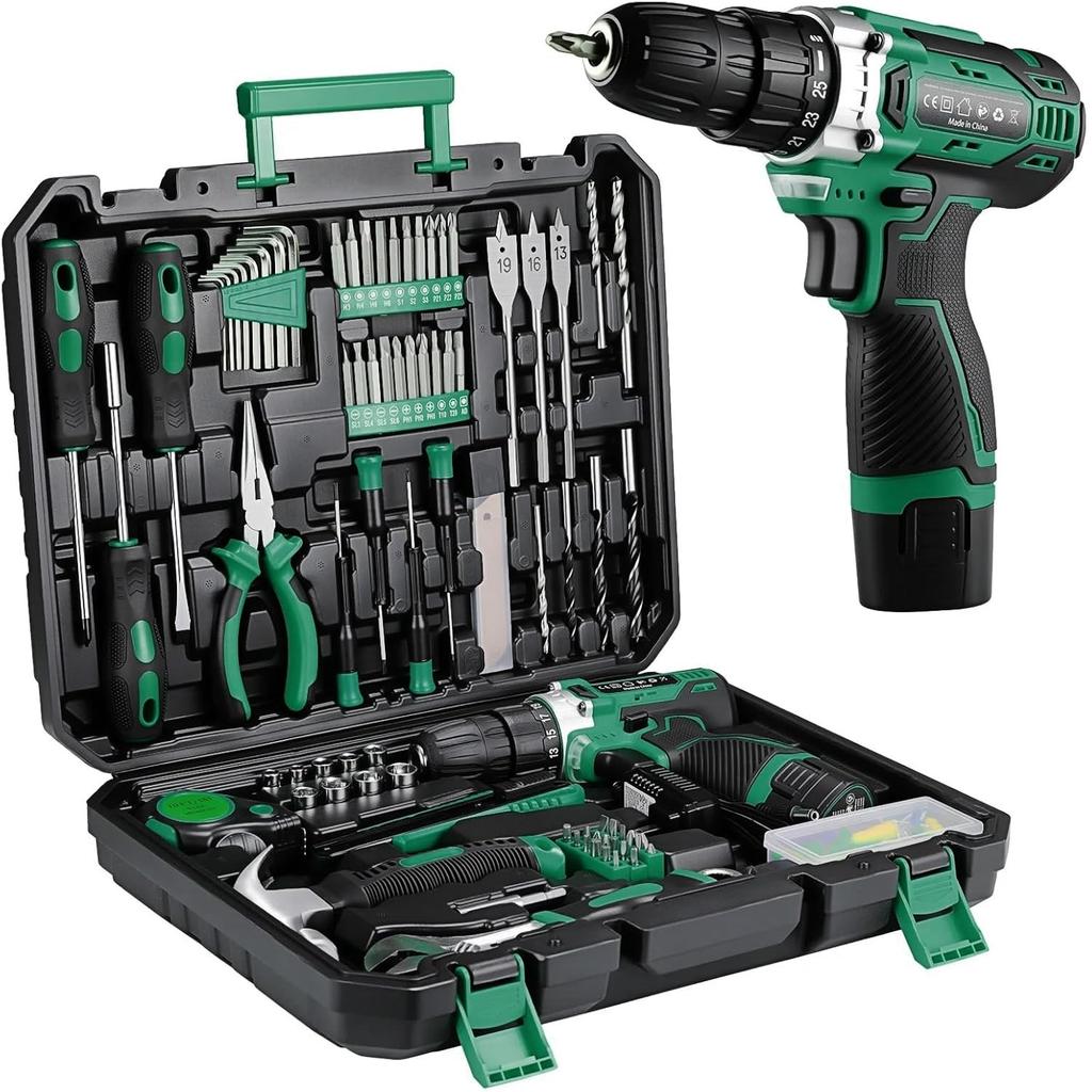 138 Pieces -Tool Kit Box Drill Set Home Mechanic Toolbox with 12V Power Cordless Drill Hand Repair Tools Sets Combo Kits