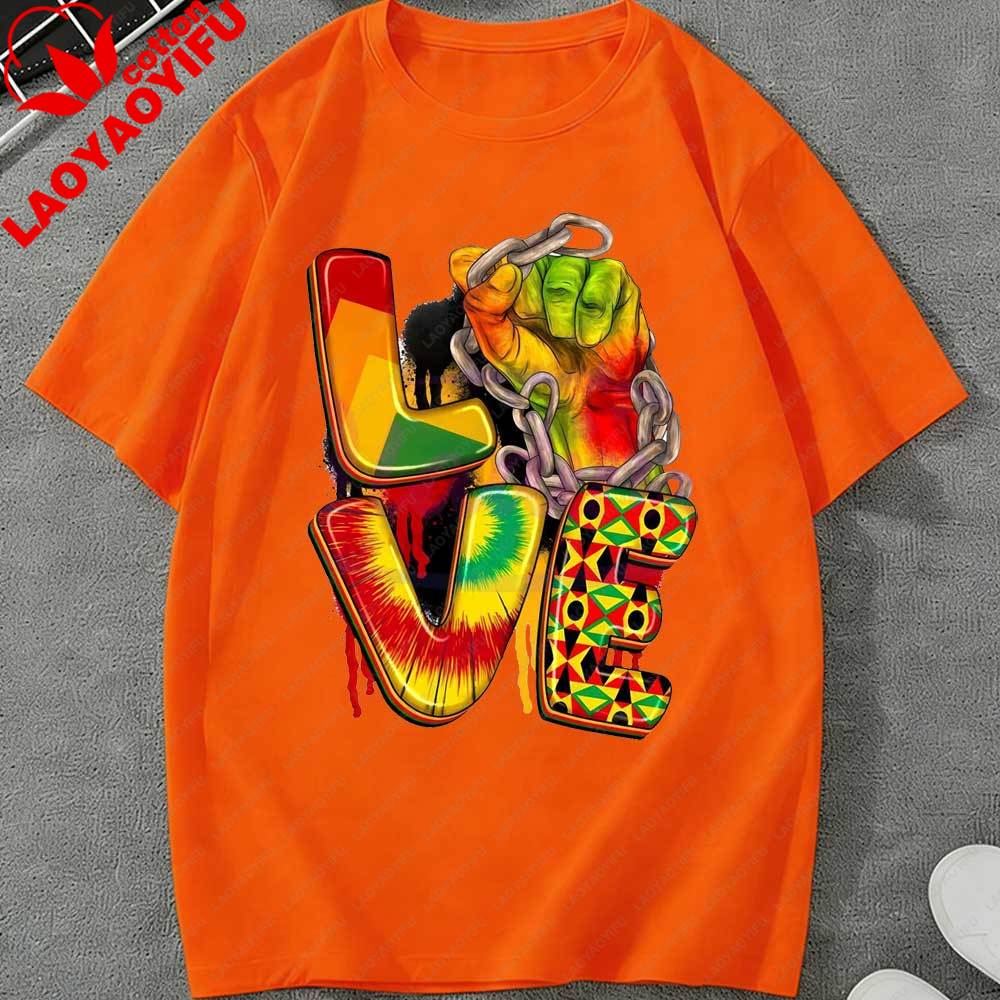 

Juneteenth LOVE Black Power Fist TShirt for Unisex Women African American Pride Chain Graphic Tee Casual Short Sleeve Cotton Tops S