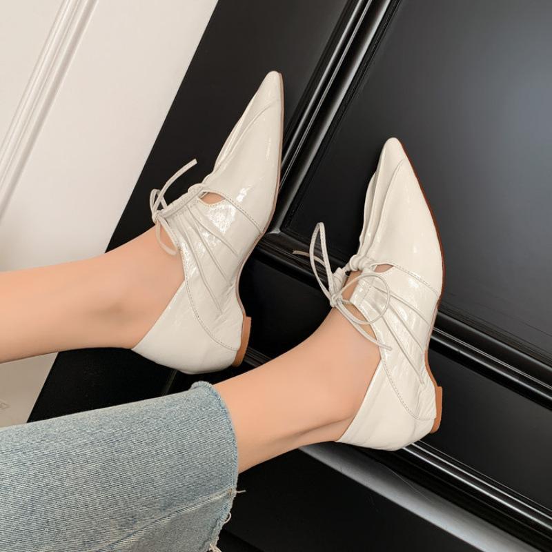 New pointed leather single shoes women's soft cowhide four-season small leather shoes non-slip cowhide sole lace-up casual large size shoes