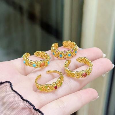 Classical Hollow Flower Vine Pigeon Open Ring Medieval Vintage Temperament Color Treasure Personality Ring