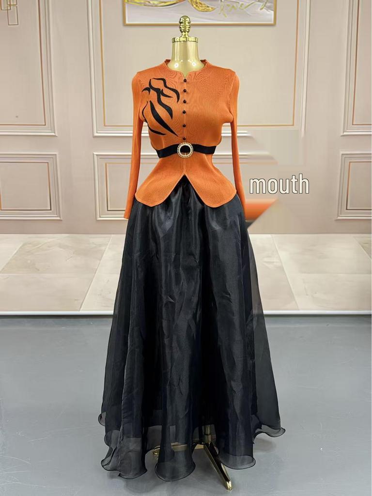 Miyake Pleats Plus Size Irregular Top & Elegant Skirt Set