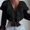 Fashion Ruffled Loose V-neck Chiffon Shirt Women Long Sleeve White Blouse For Women Elegant Fold Tops Casual Solid Shirts