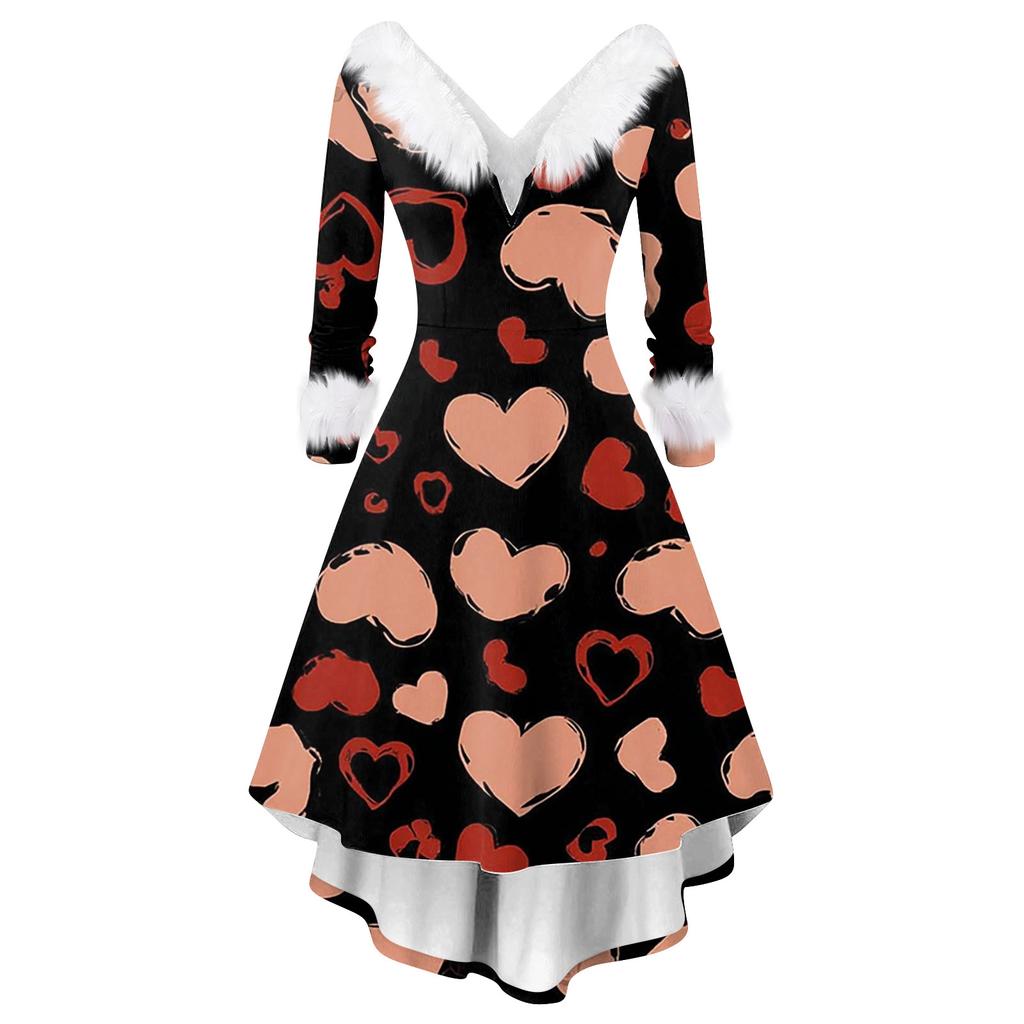 Damen stilvolles und elegantes langärmeliges V-Ausschnitt Kleid mit Valentinstags-Herzprint
