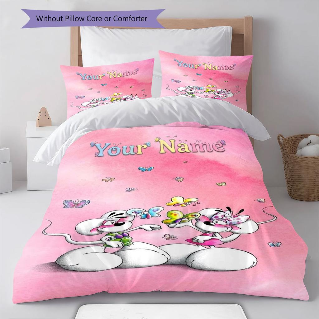 Diddl Custom Name Pattern Bedding,Quilt Set Quilt Cover Pillowcase Home Birthday Gift(1 * Duvet Cover + 2 * Pillowcase, Without Core)
