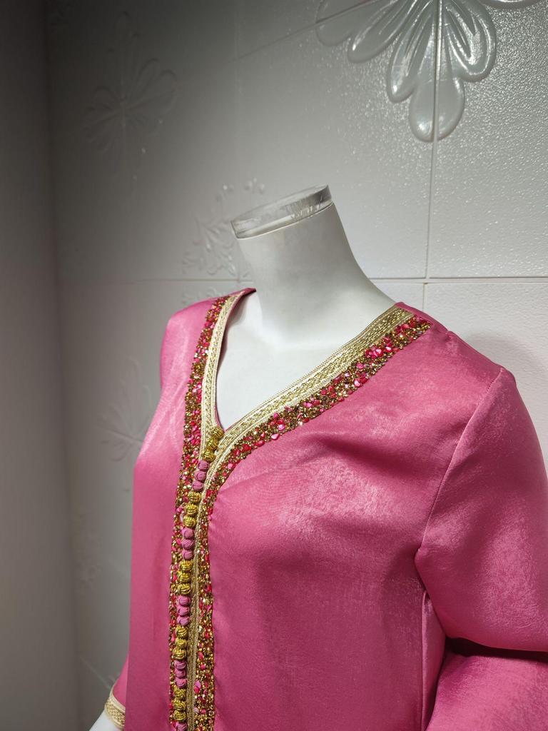 AB073 Women's Lace Abaya with Ribbon & Hot Drill Detail - Middle Eastern Fashion Robe