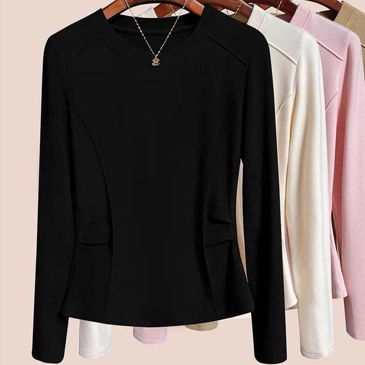 Women's Plus Size Base Shirt Round Neck Velvet Base Shirt Slim Fit Solid Color Stretch Long Sleeve T-Shirt