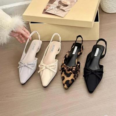 Trendy Pointed Wrinkled Bow Leopard Print Flat Mary Jane Shoes Women's Spring 2025 Versatile Commuter Fashion Sandals