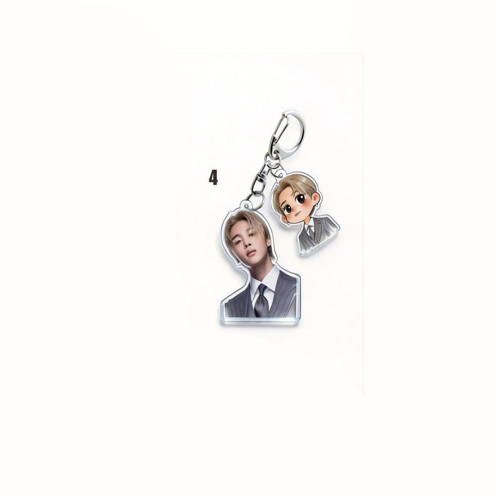 BTS Double Charm Keychain, Real Photo & Cartoon Suit Figure Keyring, Kpop ARMY Fans Bag Charm