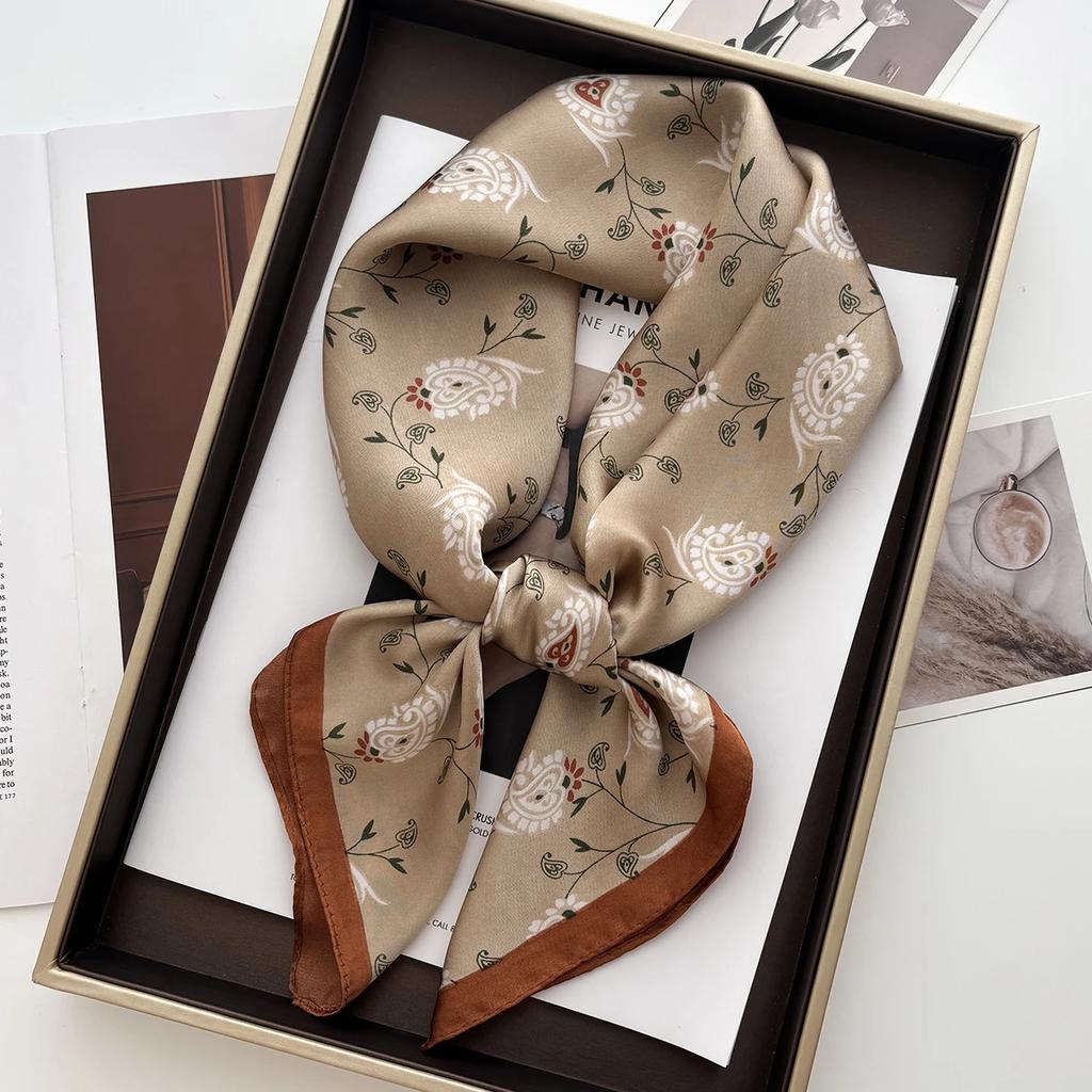 Floral Print Shawl Square Scarf for Women Soft Satin Neckerchief Female Hair Bands Ribbon Headband Bandana 70X70CM