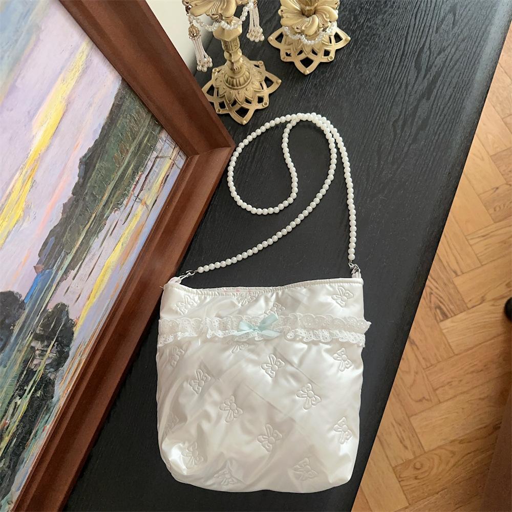 

Стеганая хлопковая сумка кроссбоди с новым бантом, сумка для мобильного телефона, жемчужная цепочка, портативная косметичка, сумка для хранения