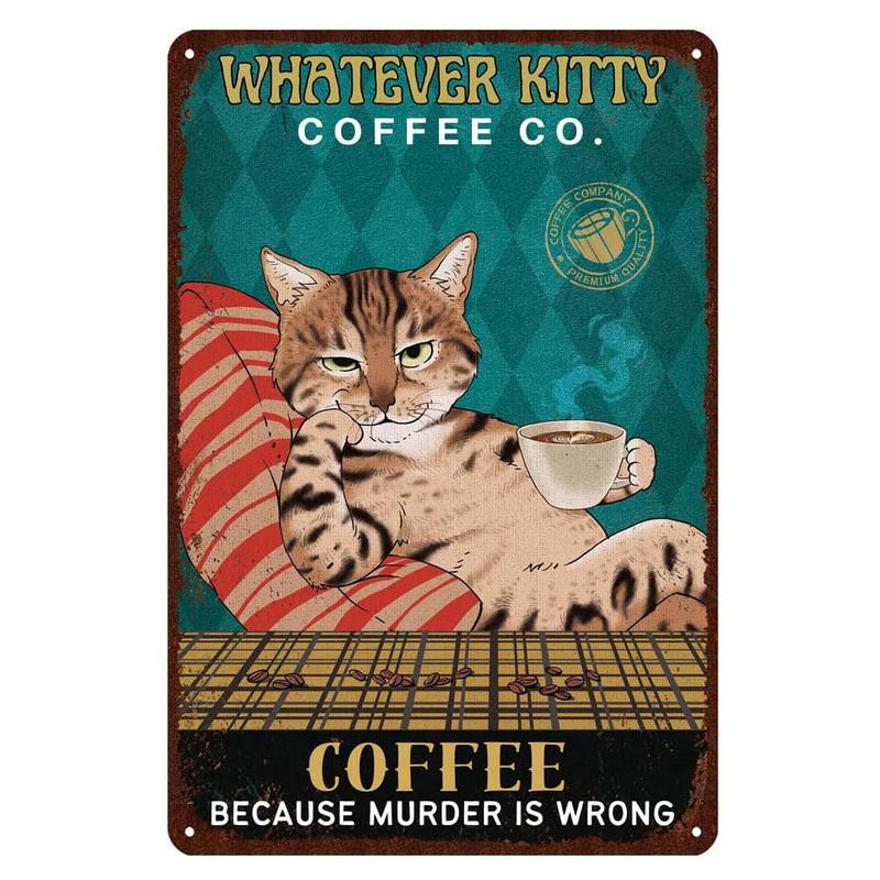 Hisun Tin Sign Vintage Funny Cat Coffee Themed Metal Tin Sign Retro Cute Kitten Wall Art Decor for Home Kitchen Cafe Bar Rustic Iron Painting P