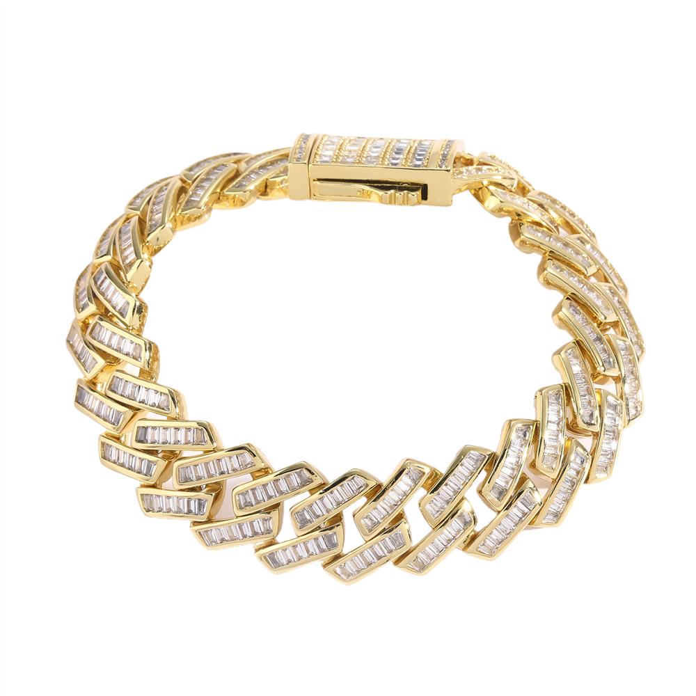 Hip Hop Jewelry 16mm Wide Iced Out Baguette Zircon Rhombus Prong Cuban Link Chain Bracelet for Men