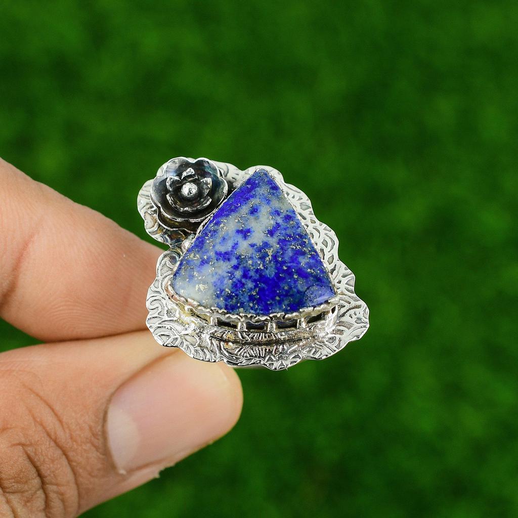 Sterling Silver Natural Lapis Lazuli Wedding Daughter Boho Flower Solitaire Ring