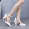 Crystal Queen Damen Sexy Pumps Weiße Spitze Perle Braut Hochzeitsschuhe Spitze Zehenriemen Schnalle Sandalen Dicke Hohe Absätze
