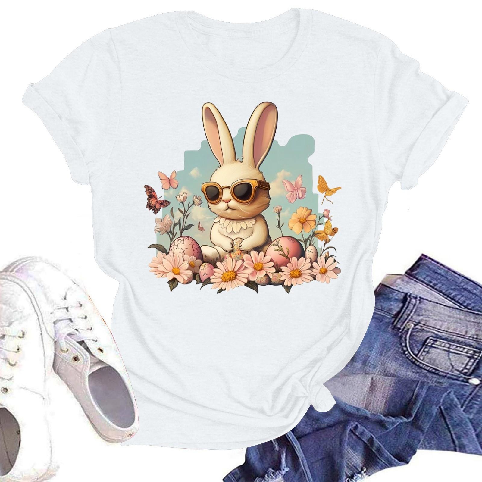 

З Великоднем Жіноча Мода Принтована Футболка з Круглим Вирізом та Коротким Рукавом Пуловер Топ XL білий