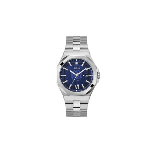 

Guess Watches Men s 42mm Analog Stainless Steel Watch with Silver Bracelet, Blue Dial, Date Display, Officially Imported
