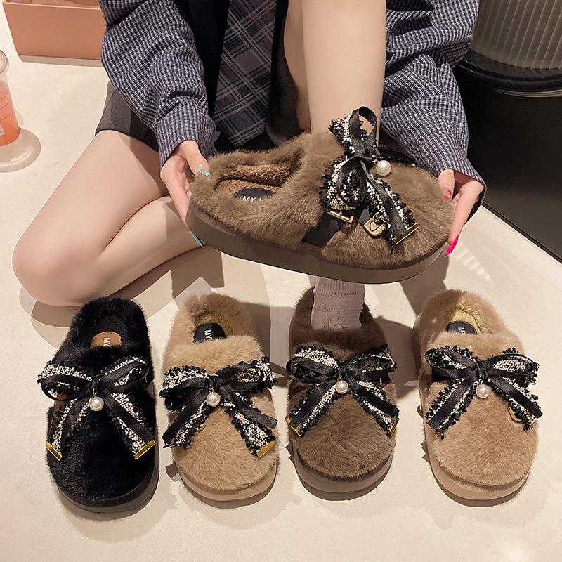 2025 winter new denim bow plush bag head slippers women's home fashion outer wear non-slip cotton mop