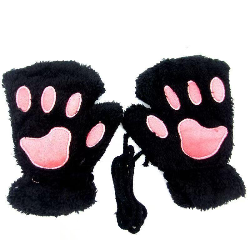 Half-finger Cat Claw Gloves Girl Winter Cute Warm Gloves Winter Plush Thickened Five-finger Plush Gloves