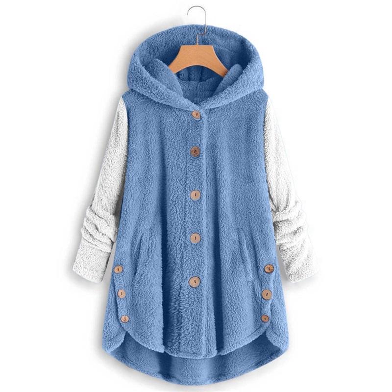 Women's Two-Tone Fleece Coat Hooded Button-Up Winter Warm Jacket
