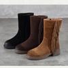 Johnature Retro Tassel Mid Heeled Women's Boots Genuine Leather Round Toe Versatile Mid-calf Boots