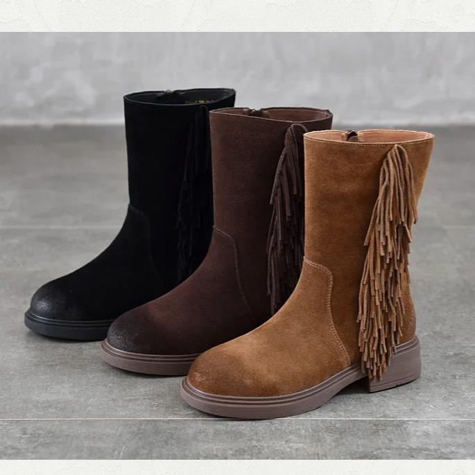Johnature Retro Tassel Mid Heeled Women's Boots Genuine Leather Round Toe Versatile Mid-calf Boots