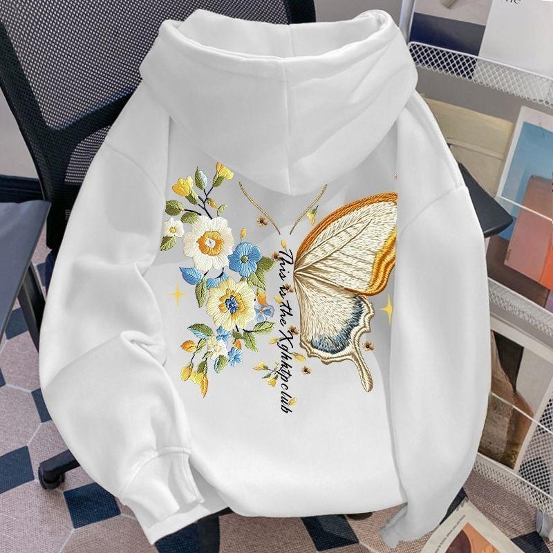 Ladies Butterfly Printed Fleece Hoodie American Retro Letter Decoration Hooded Coat Winter Loose Fashion Women's Top