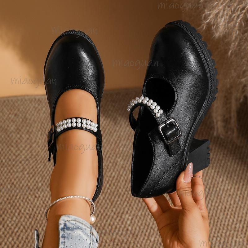 Fashion Mary Janes High Heel Pumps British Style Leather Shoes for Women 2025 Loafers Chunky Heels Shallow Mouth Single Shoes Black