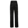 Pantaloni Cargo Streetwear Urbani, Pantaloni a Gamba Dritta Larghi a Vita Alta con Tasche Multiple, Jeans Neri Casual da Donna