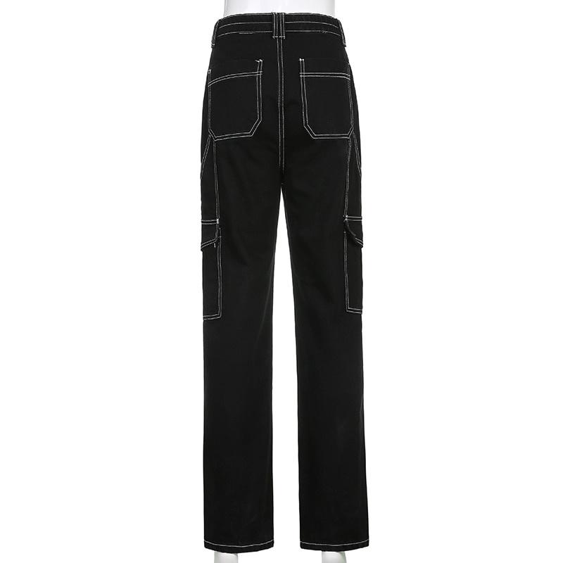 Pantaloni Cargo Streetwear Urbani, Pantaloni a Gamba Dritta Larghi a Vita Alta con Tasche Multiple, Jeans Neri Casual da Donna