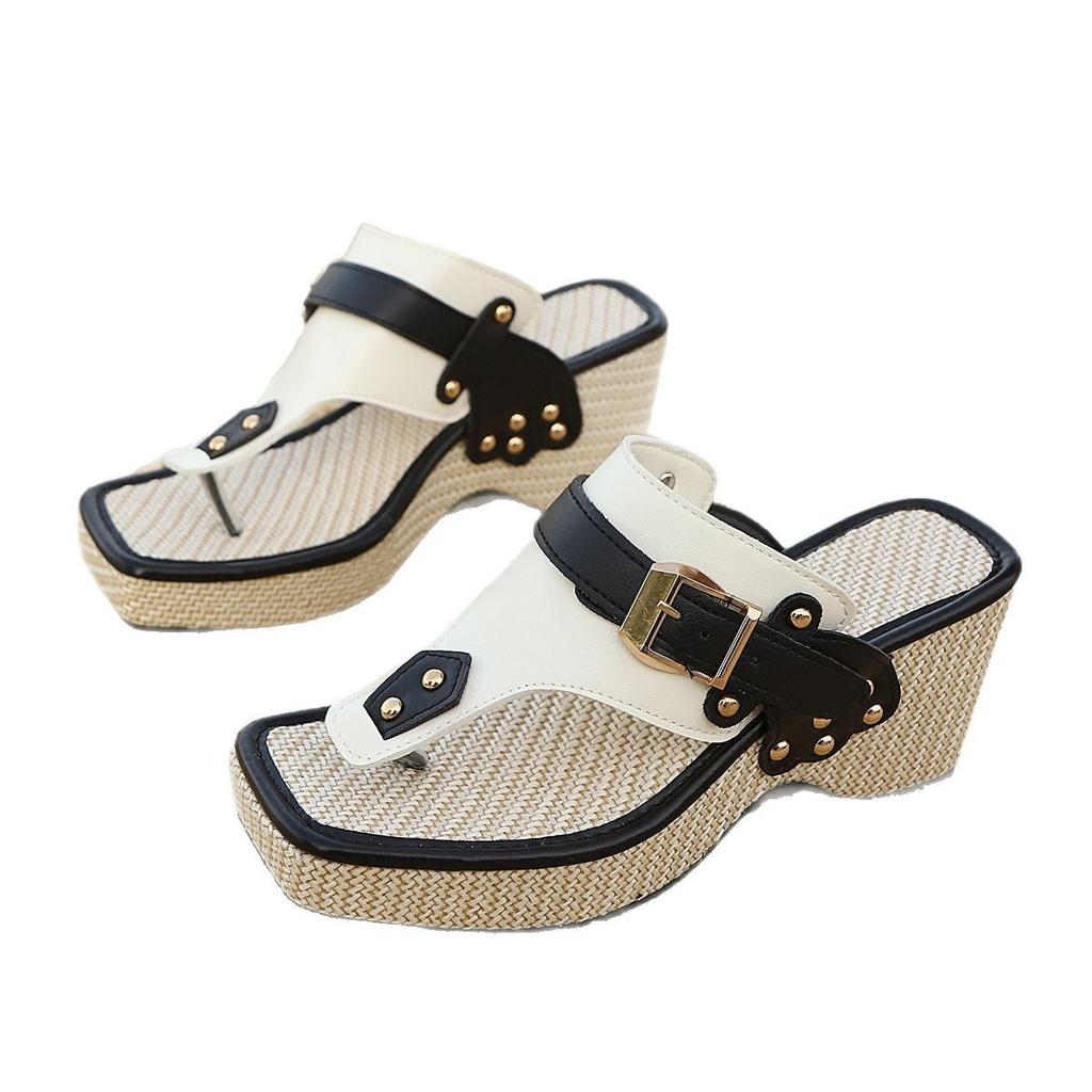 Ladies' Thick Soled Wedge Sandals with Metal Nail Buckle Design - Square Toe Breathable Fabric Cover, Shock-absorbing Rubber Sole, Non Slip Shoes