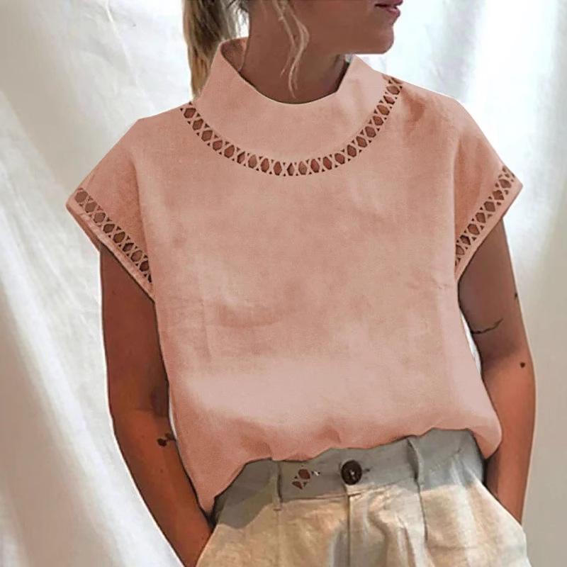Women's Solid Color Hollow Top Casual Turtleneck Breathable Shirt