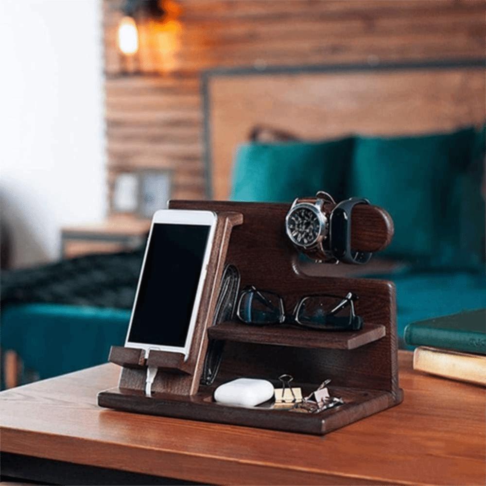 Solid Wood Charging Phone Holder Space Saving Watch Organizer Keychain Wallet Storage Rack Gift