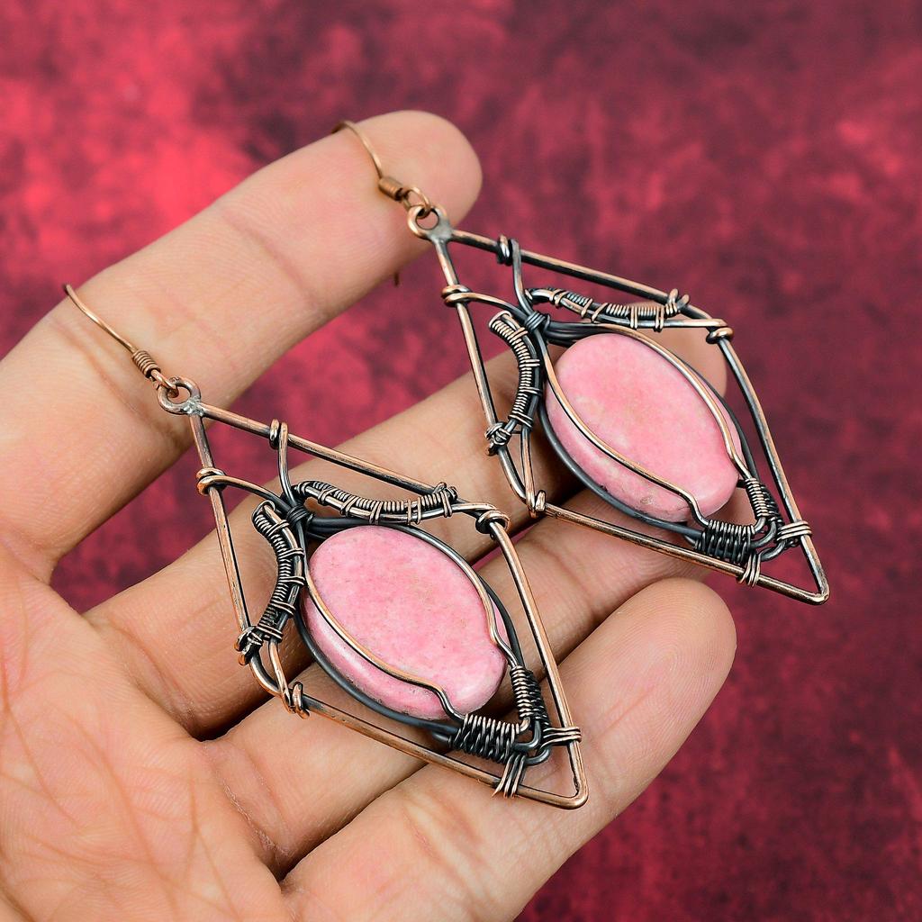 Thulite Gemstone Earring Copper Wire Wrapped Earring Handmade Copper Jewelry Latest Design Earrings Amazing Wire Wrap Jewelry Wedding Gifts